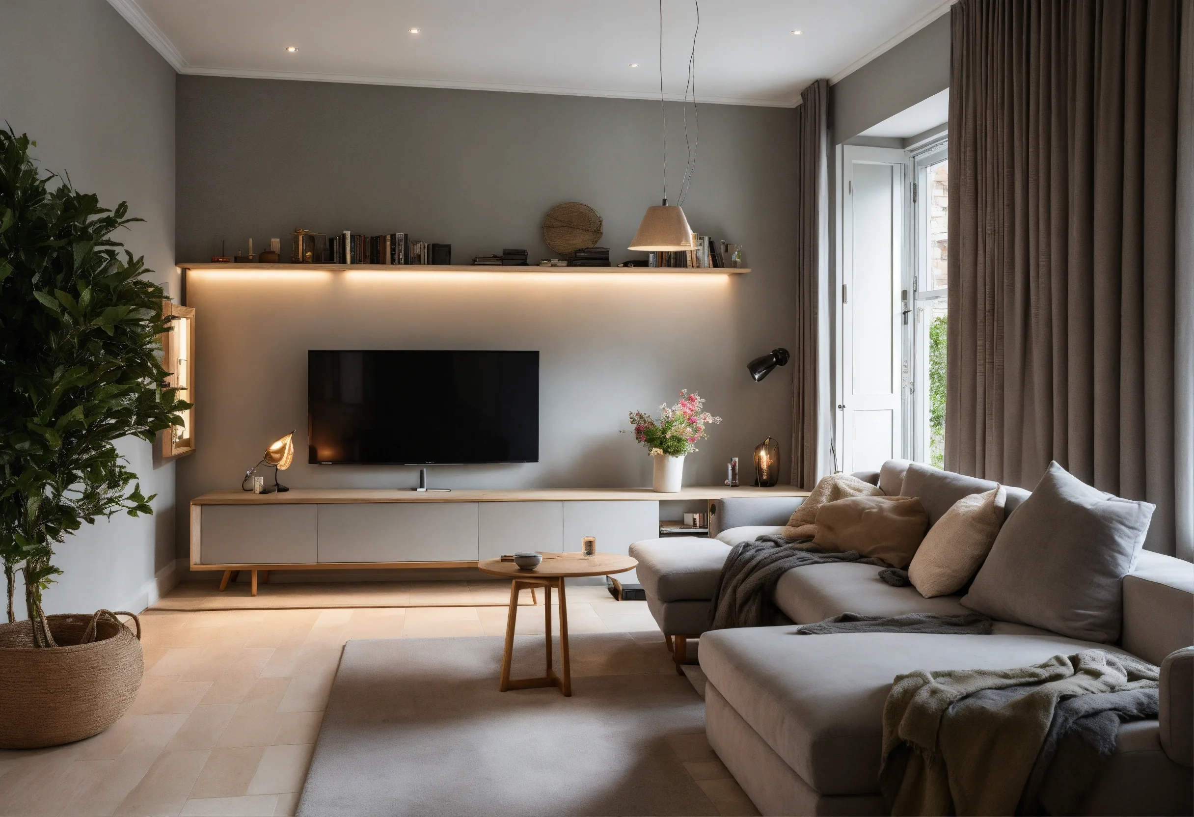 Lichte, minimalistische woonkamer met houten details